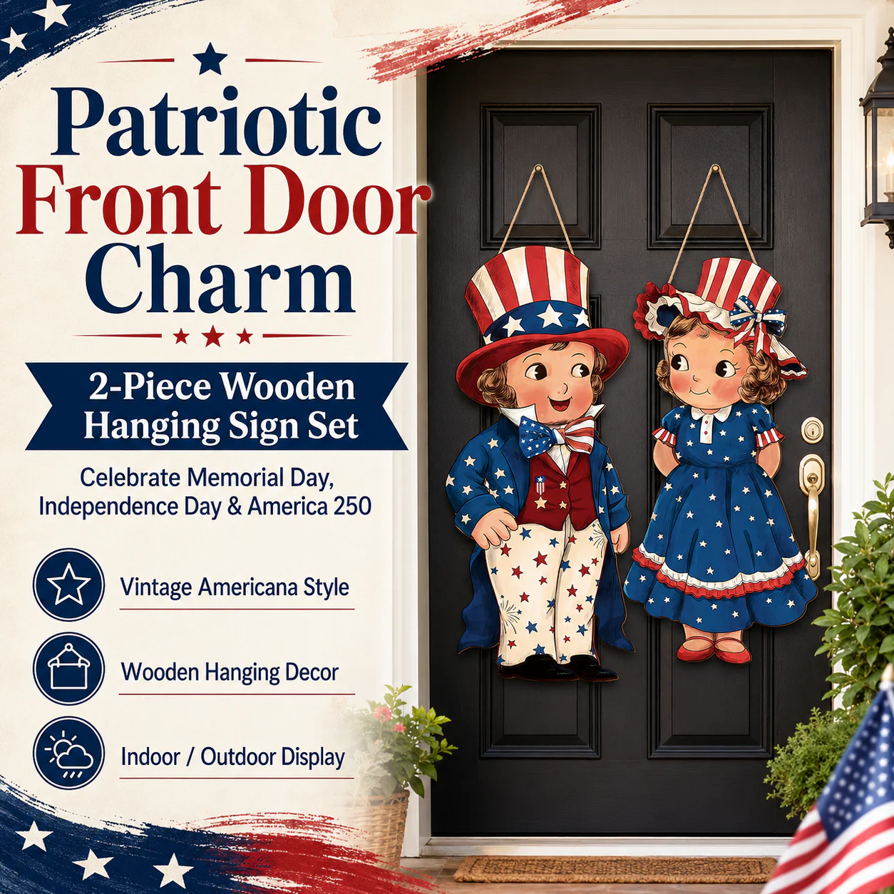2-Piece Patriotic Wooden Hanging Door Signs - Image 3