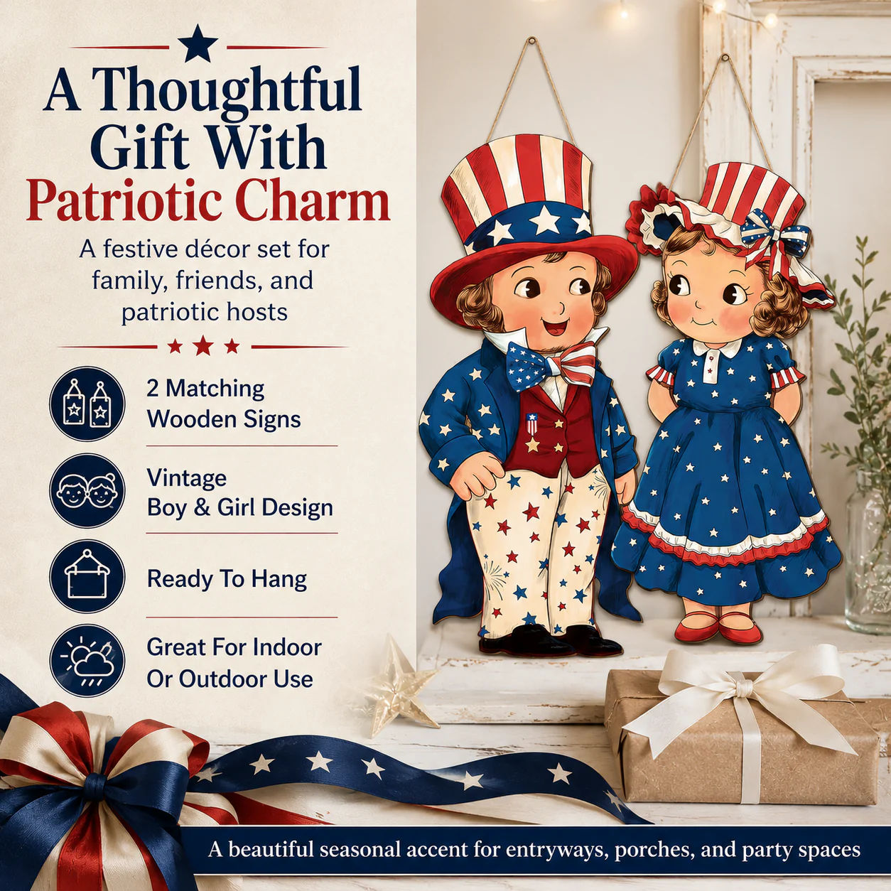 2-Piece Patriotic Wooden Hanging Door Signs - Image 4