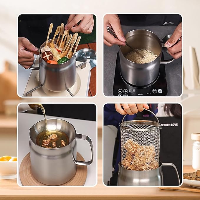 68oz 201 Stainless Steel Deep Fryer Pot with Basket & Strainer, Large Capacity Bacon Grease Container for Kitchen,Frying, Cooking, Camping,Oil Filter Container - Dishwasher Safe - Image 3