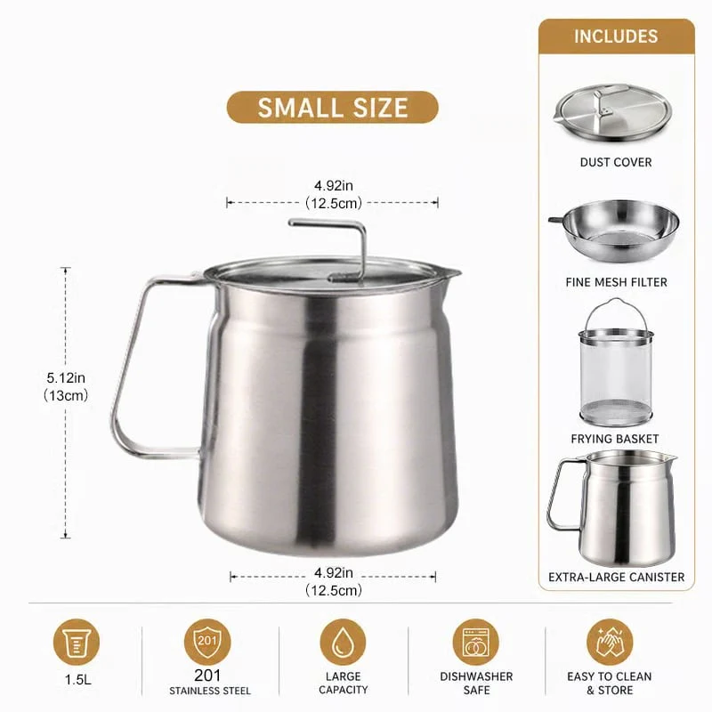 68oz 201 Stainless Steel Deep Fryer Pot with Basket & Strainer, Large Capacity Bacon Grease Container for Kitchen,Frying, Cooking, Camping,Oil Filter Container - Dishwasher Safe - Image 6