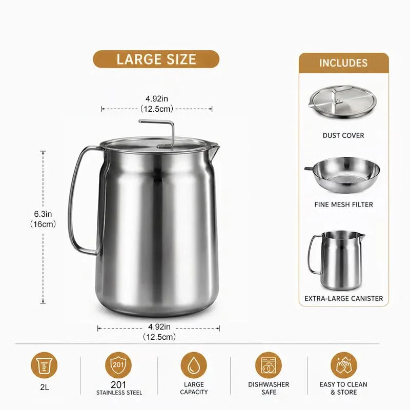 68oz 201 Stainless Steel Deep Fryer Pot with Basket & Strainer, Large Capacity Bacon Grease Container for Kitchen,Frying, Cooking, Camping,Oil Filter Container - Dishwasher Safe - Image 7
