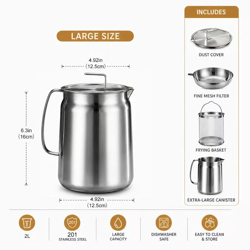 68oz 201 Stainless Steel Deep Fryer Pot with Basket & Strainer, Large Capacity Bacon Grease Container for Kitchen,Frying, Cooking, Camping,Oil Filter Container - Dishwasher Safe - Image 8