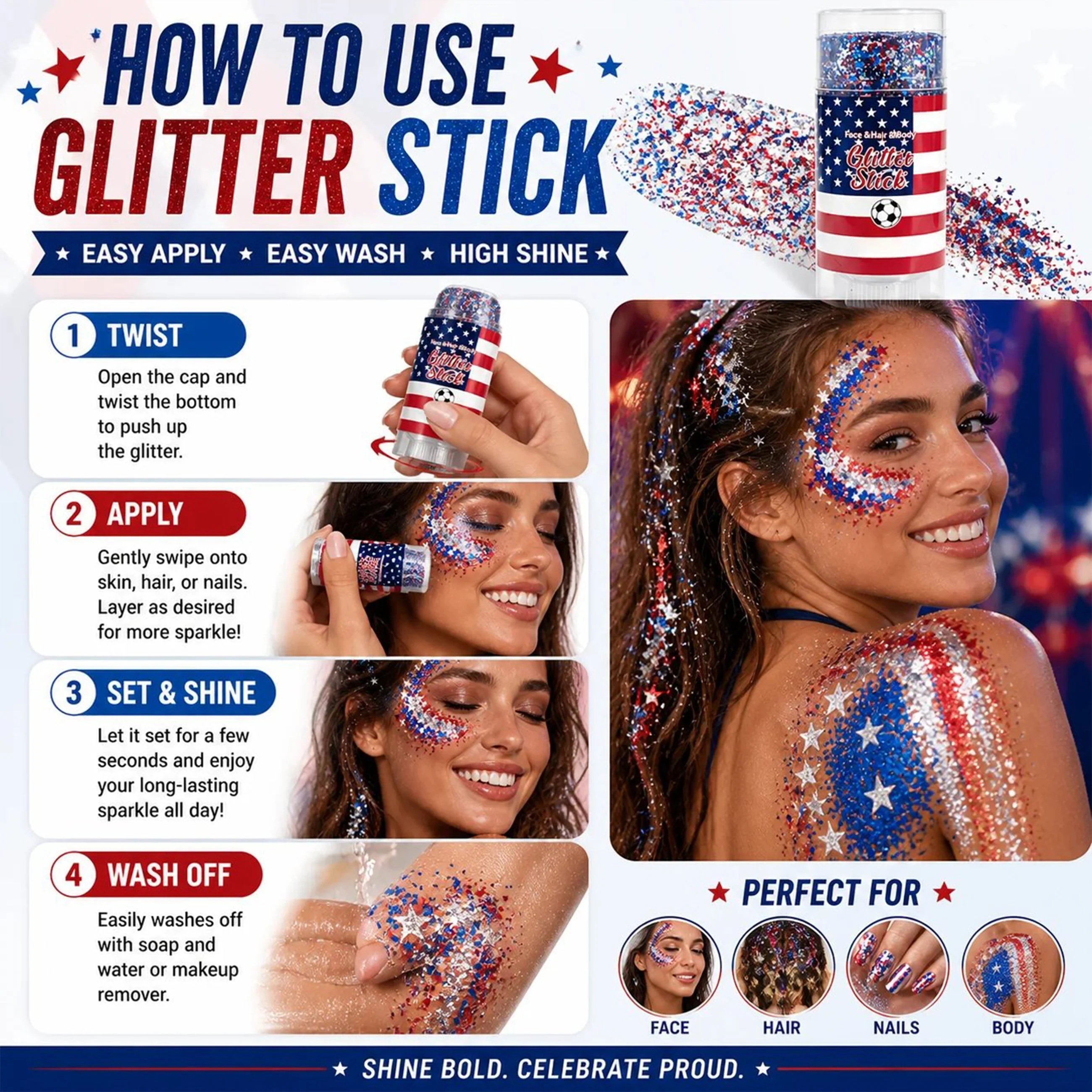 🦅4th of July Glitter Stick✨🔔Red, White & Blue Body & Hair Sparkle - Image 2