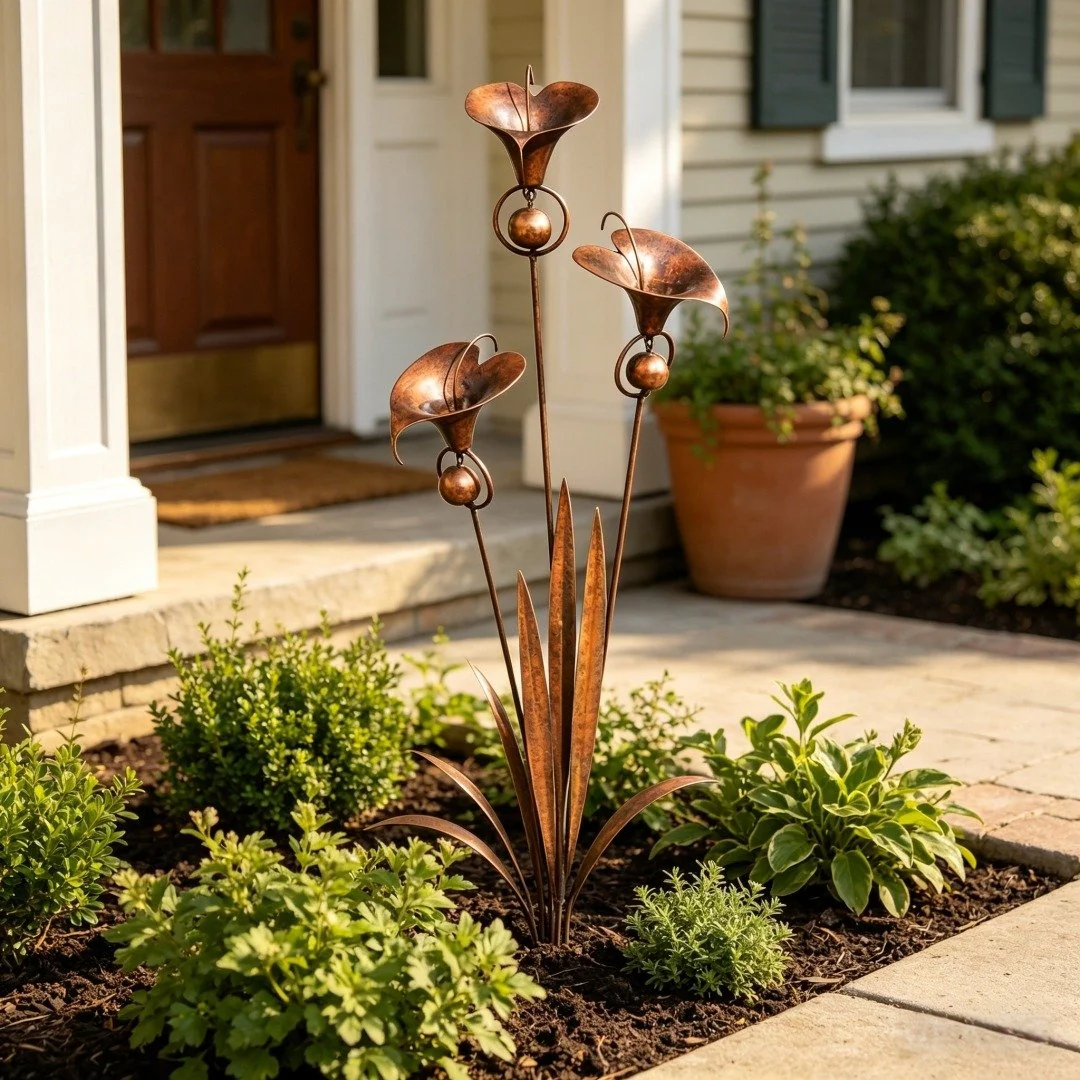 š”Flamed Copper Three Calla Lilies Garden Stake with Bells