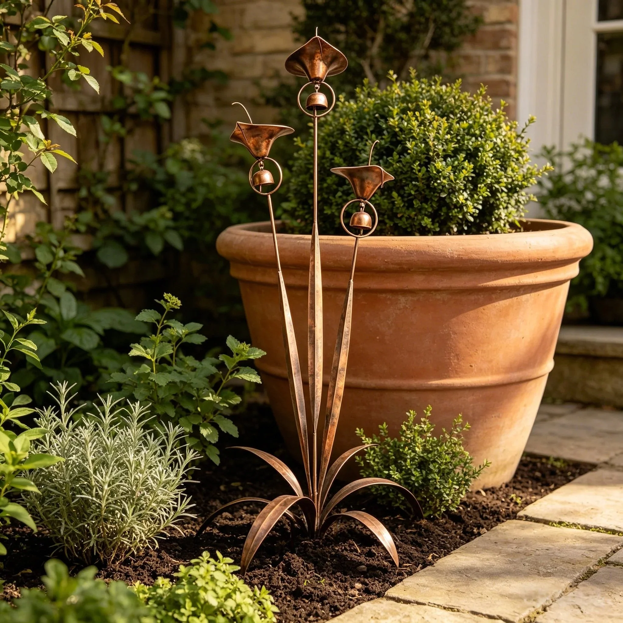 š”Flamed Copper Three Calla Lilies Garden Stake with Bells - Image 10