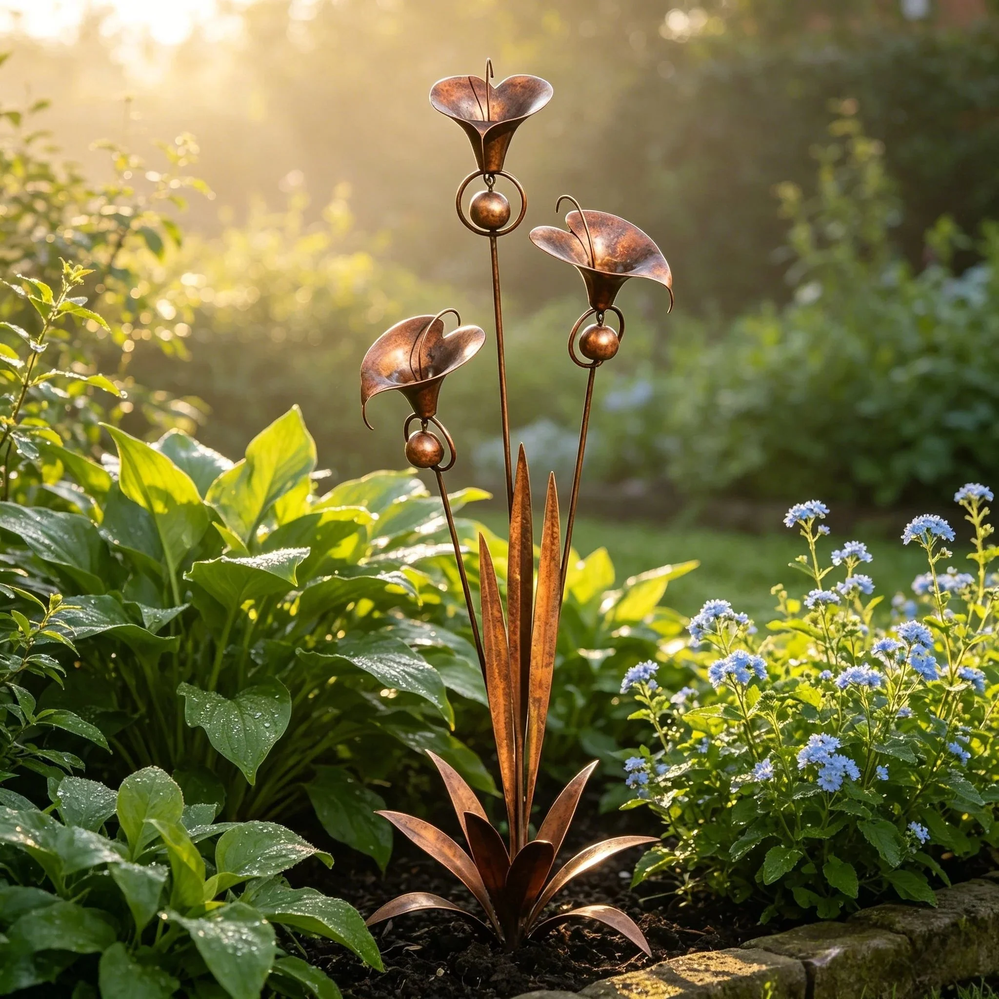 š”Flamed Copper Three Calla Lilies Garden Stake with Bells - Image 11