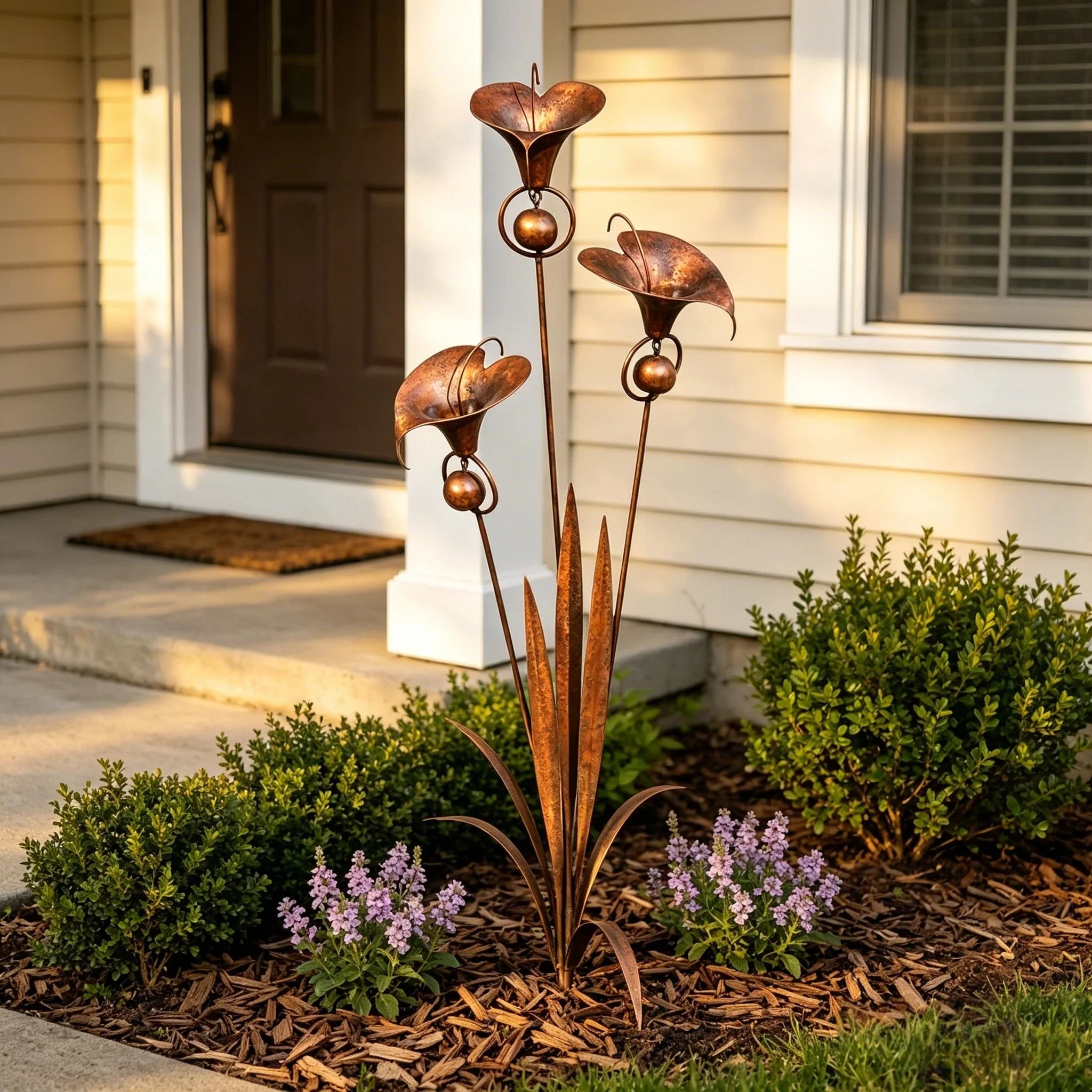 š”Flamed Copper Three Calla Lilies Garden Stake with Bells - Image 12
