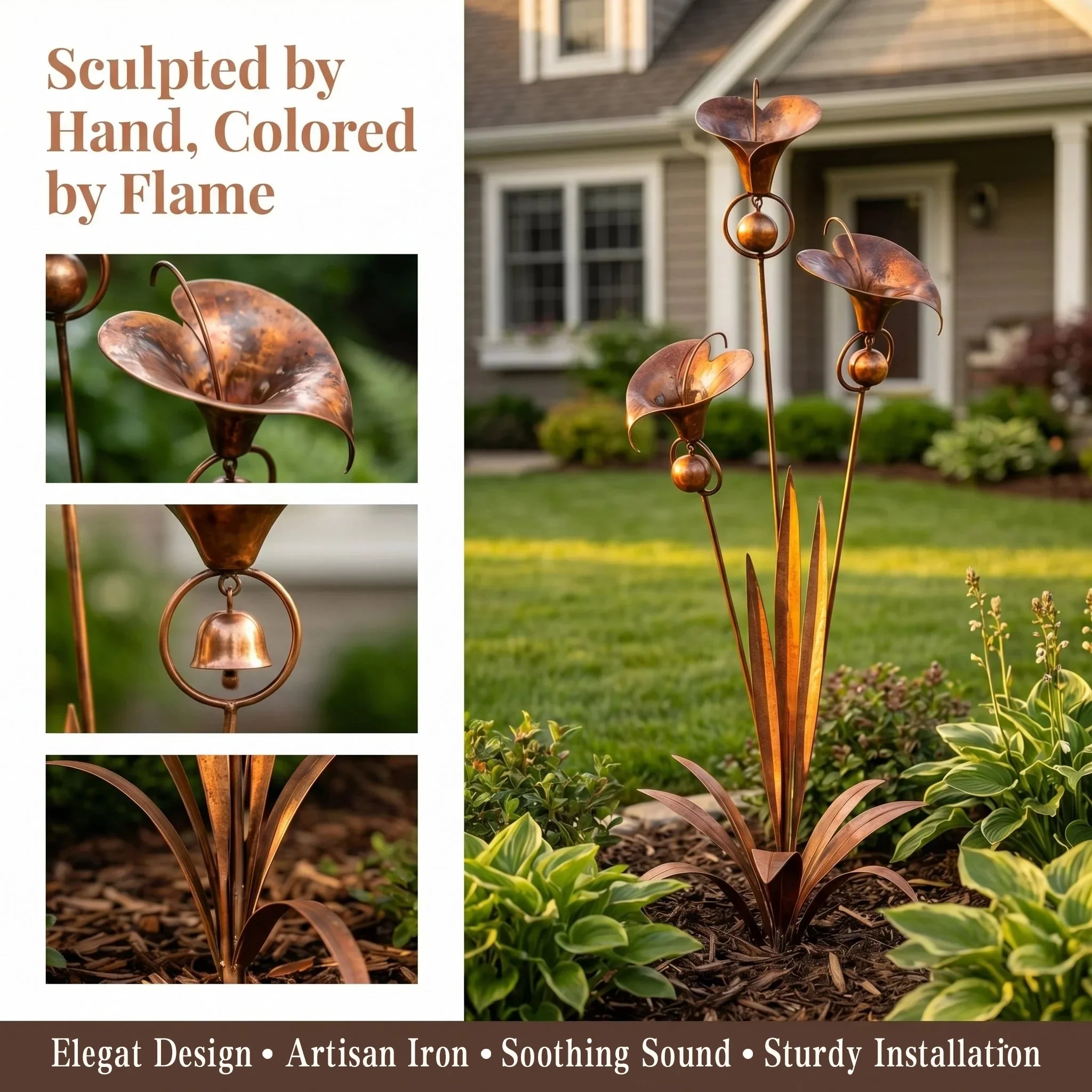 š”Flamed Copper Three Calla Lilies Garden Stake with Bells - Image 14