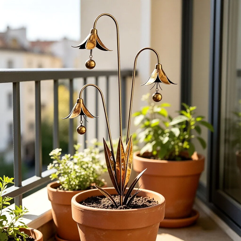 š”Flamed Copper Three Calla Lilies Garden Stake with Bells - Image 16