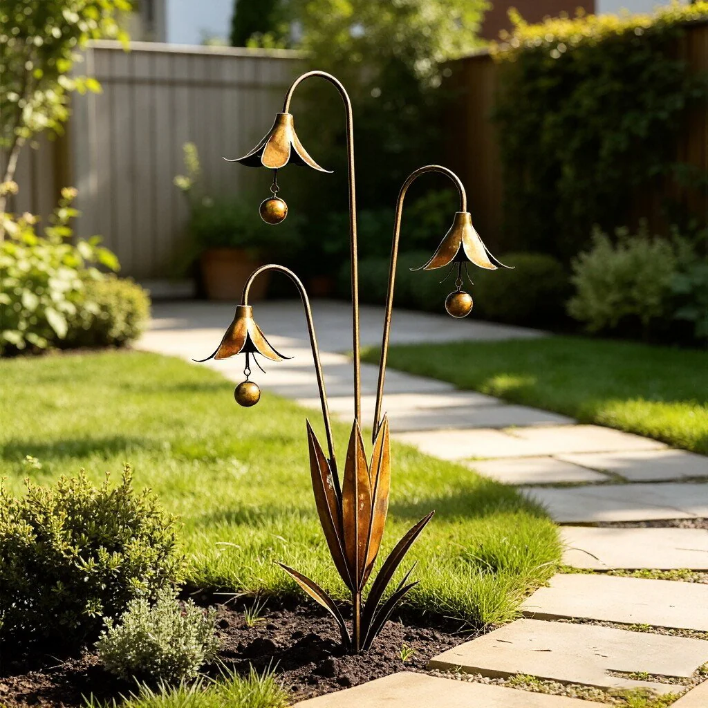 š”Flamed Copper Three Calla Lilies Garden Stake with Bells - Image 17