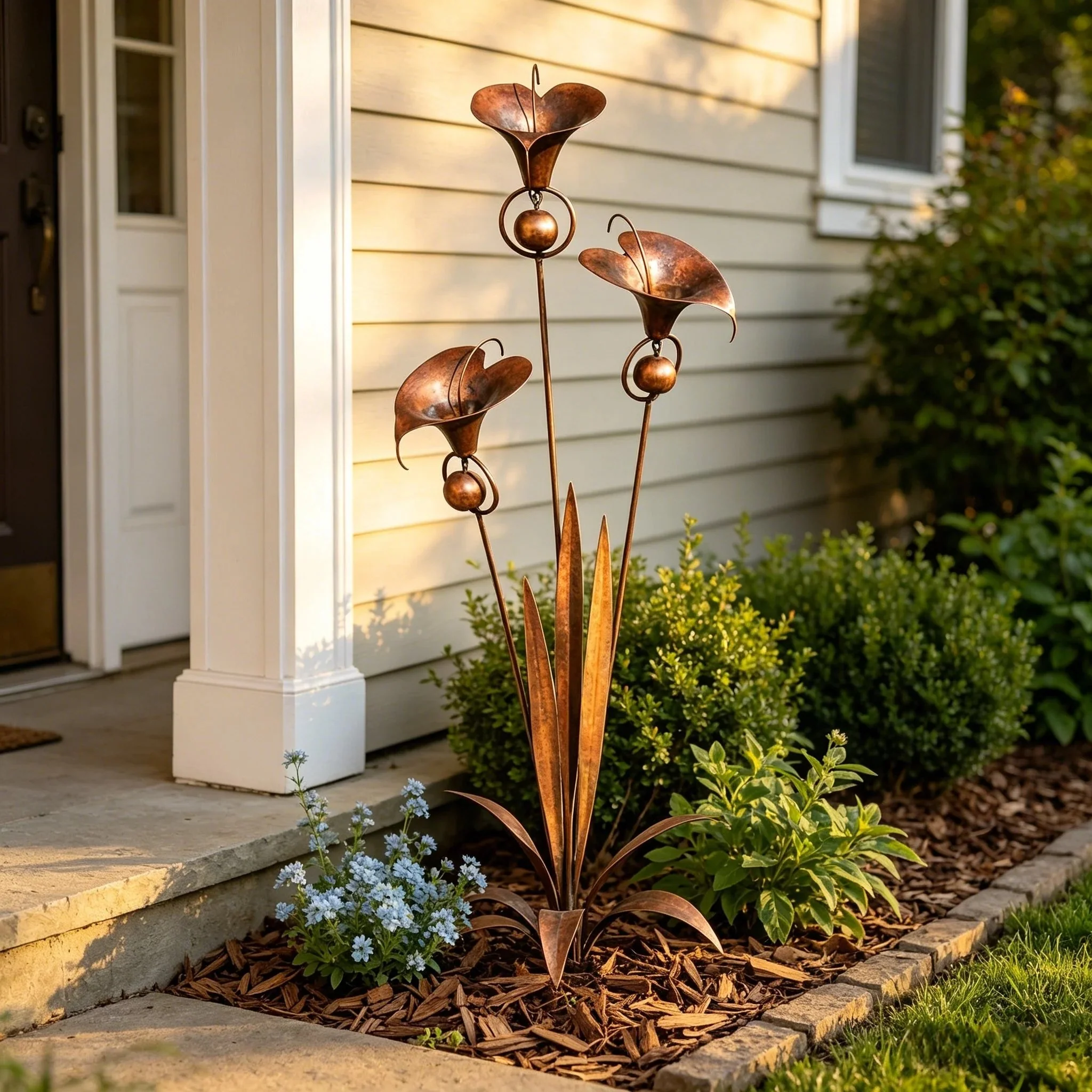 š”Flamed Copper Three Calla Lilies Garden Stake with Bells - Image 5