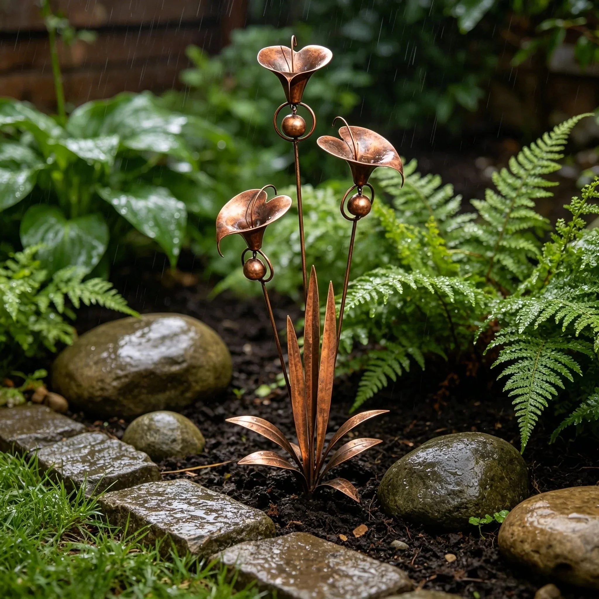 š”Flamed Copper Three Calla Lilies Garden Stake with Bells - Image 6