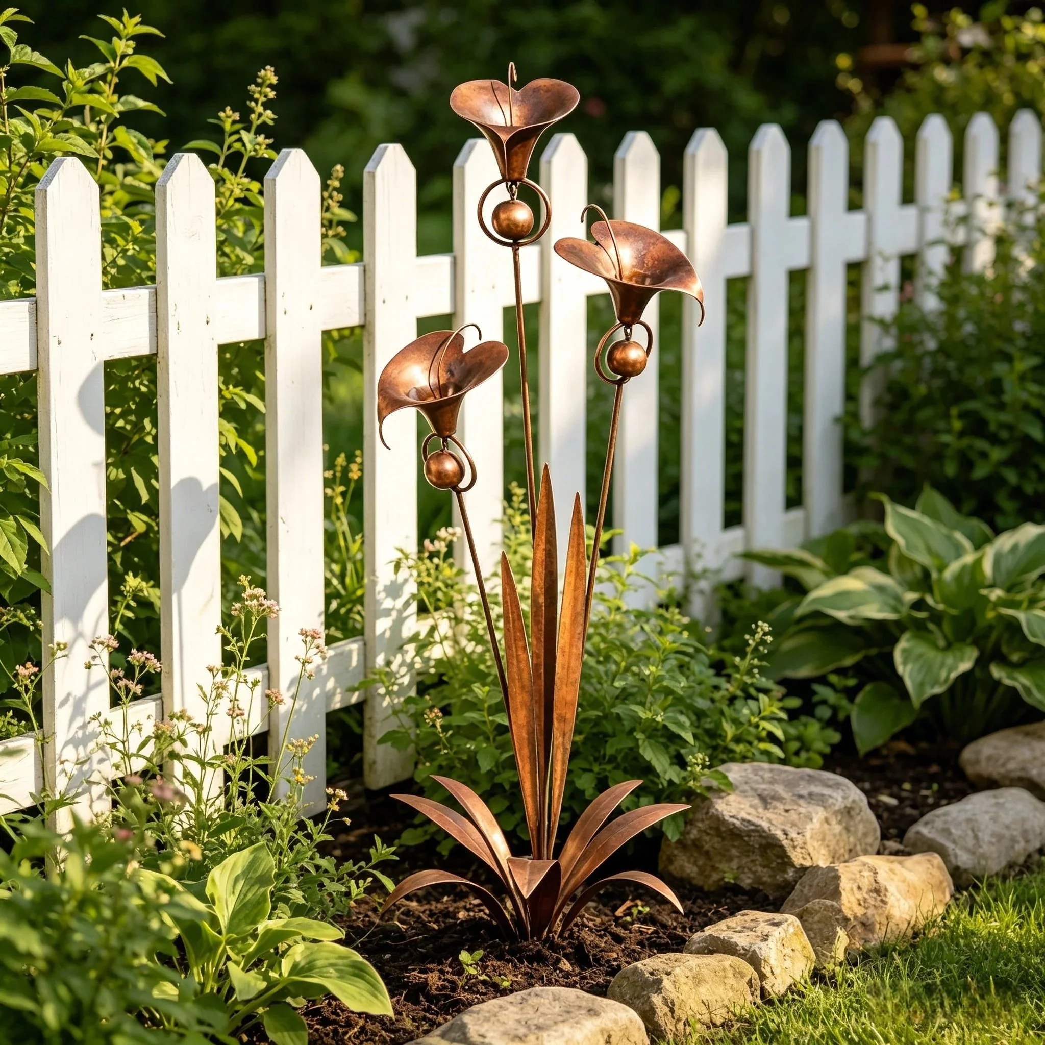 š”Flamed Copper Three Calla Lilies Garden Stake with Bells - Image 7