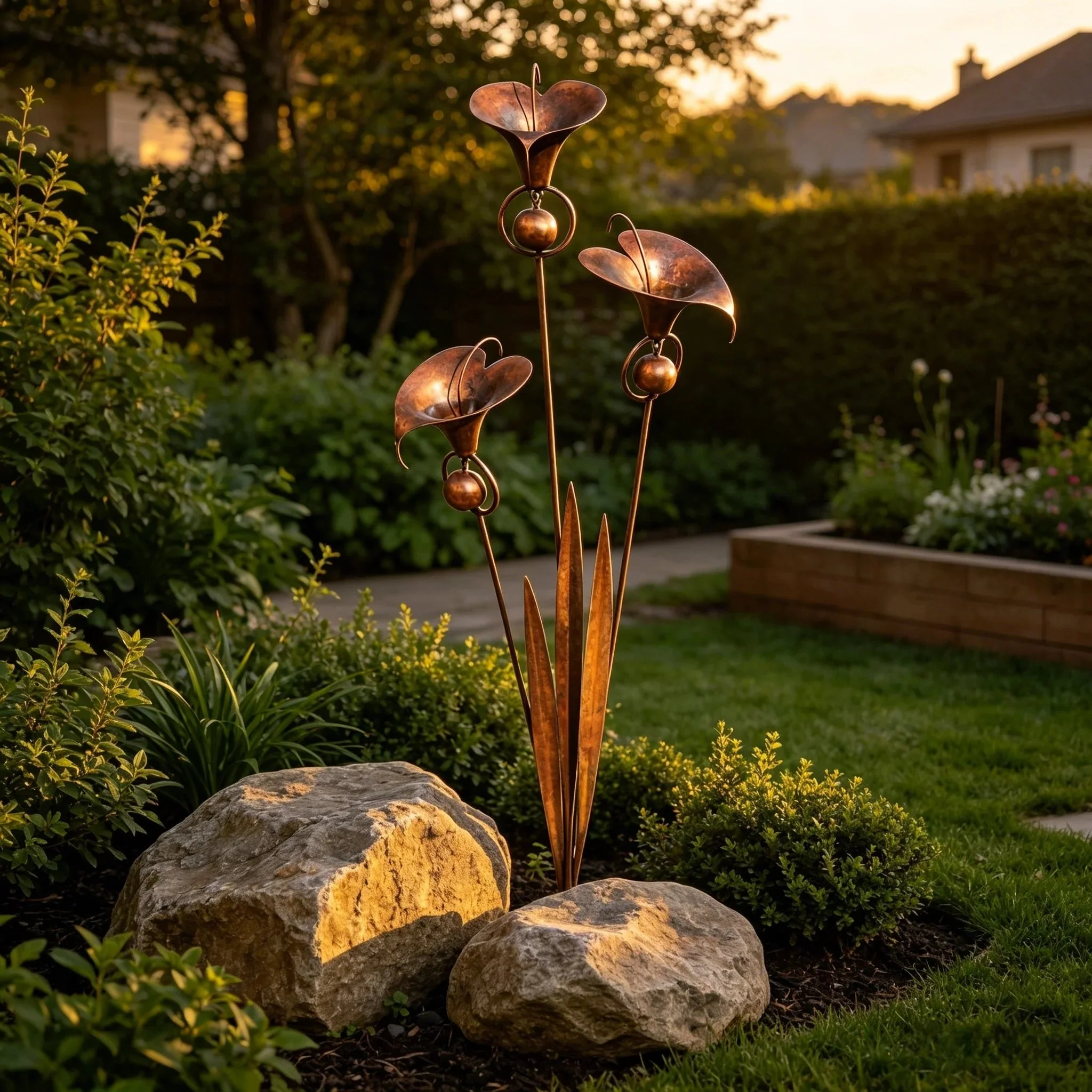 š”Flamed Copper Three Calla Lilies Garden Stake with Bells - Image 8