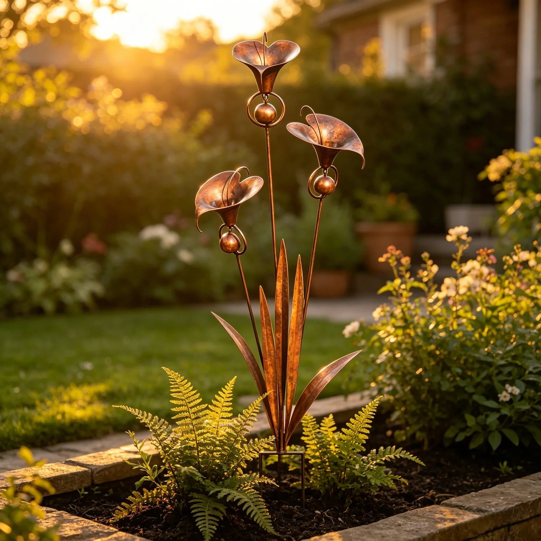 š”Flamed Copper Three Calla Lilies Garden Stake with Bells - Image 9