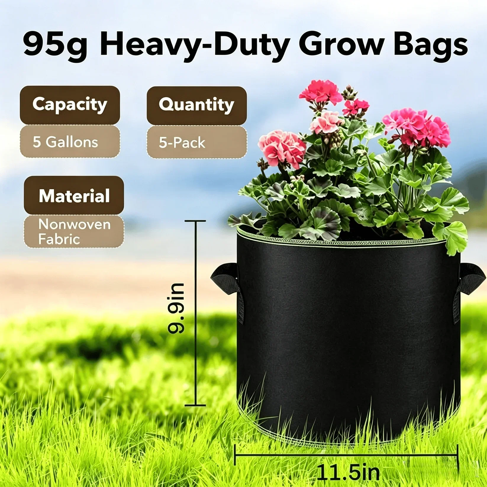 🌱 5-Pack 5 Gallon Grow Bags – Heavy Duty Aeration Fabric Pots with Handles for Vegetables, Flowers & Fruits 🪴 - Image 2