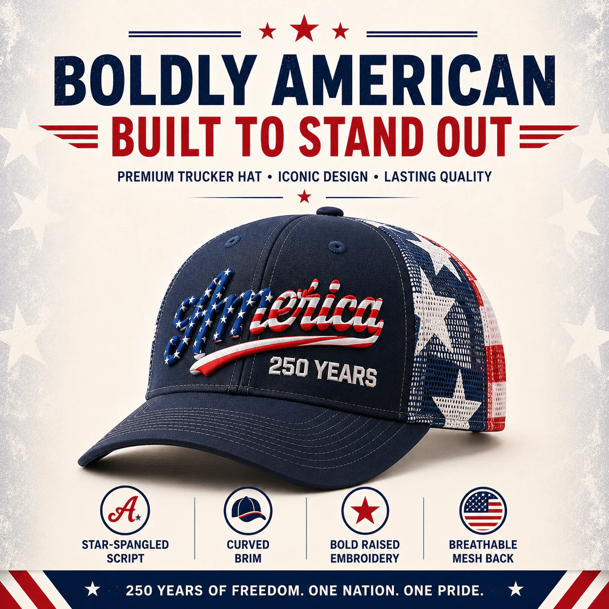 🔥 ❤️ 🇺🇸 America 250 Years Patriotic Embroidered Mesh Trucker Cap - Image 3