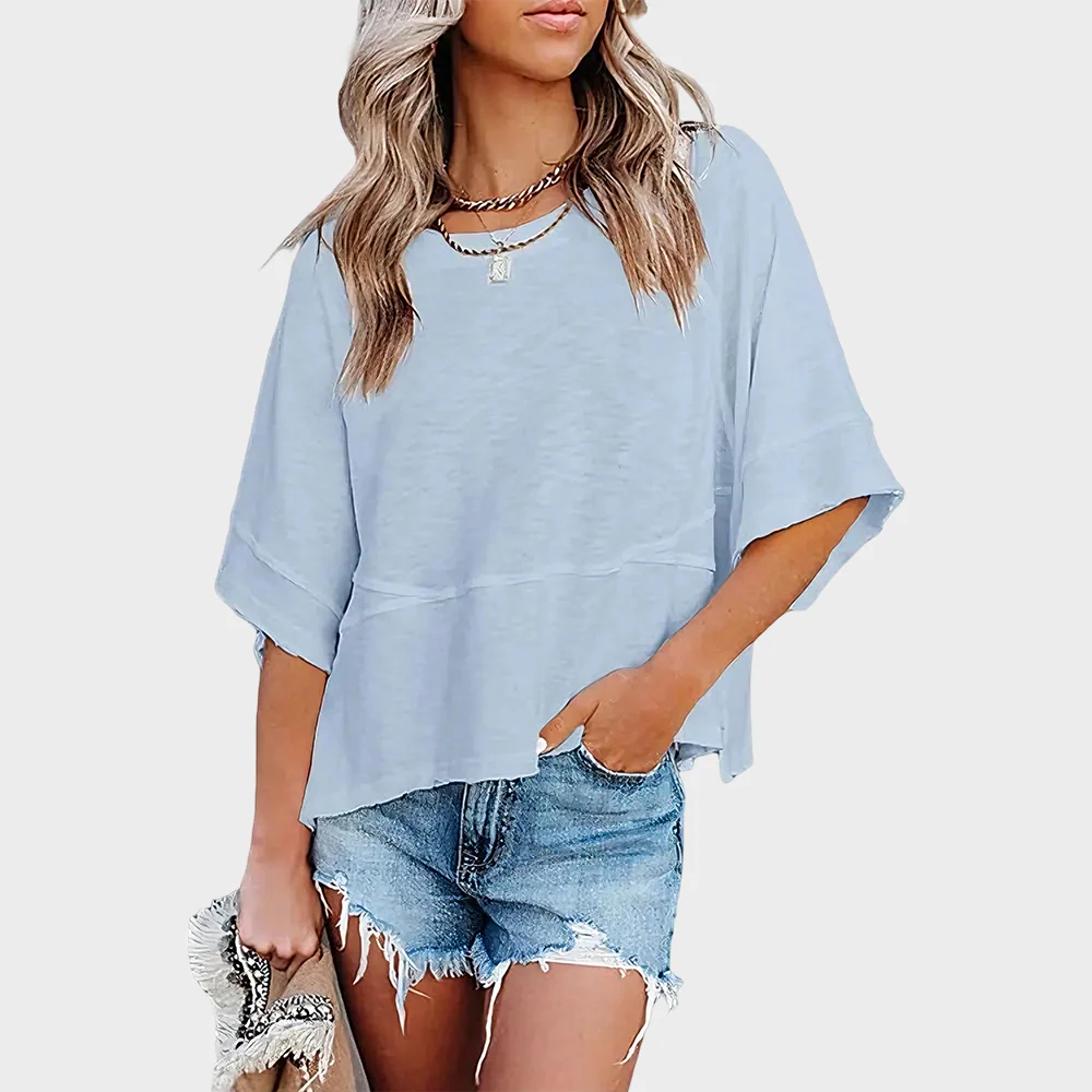 Panel Solid Color Flared Sleeve T-Shirt - Image 11