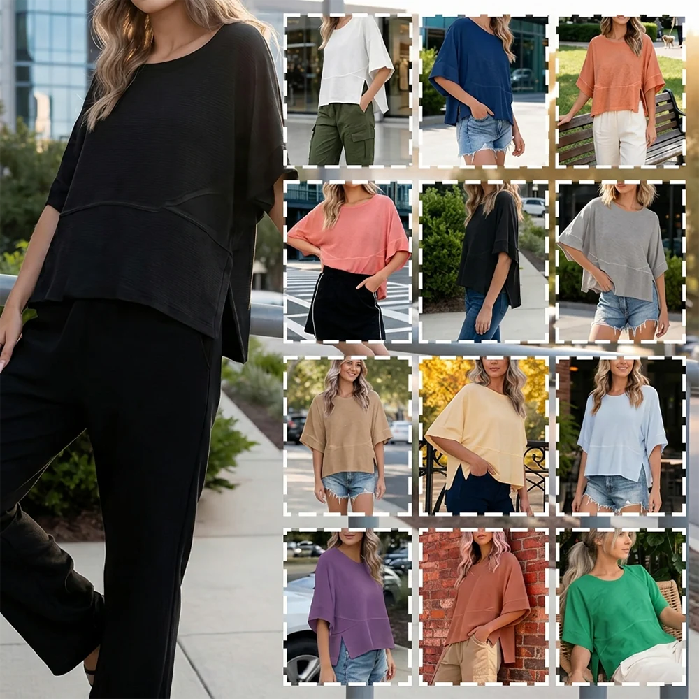 Panel Solid Color Flared Sleeve T-Shirt - Image 2