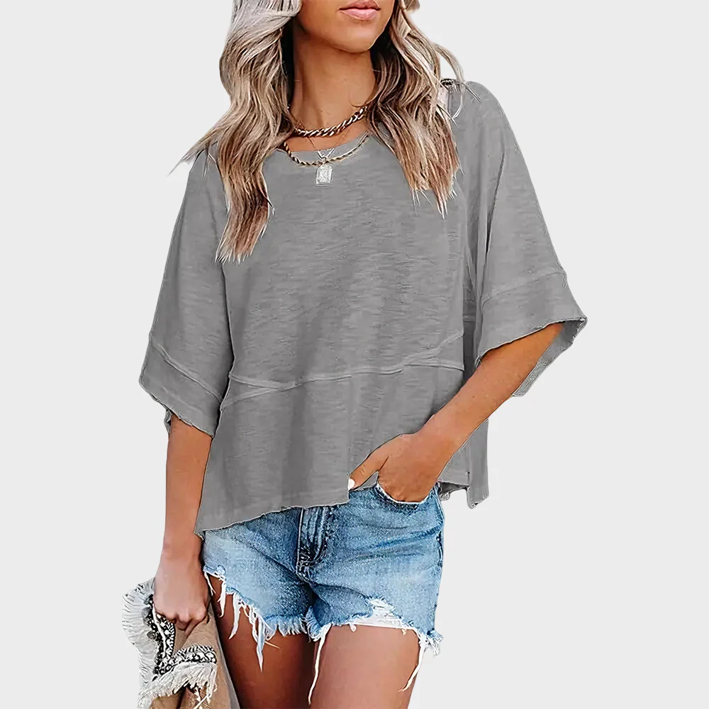 Panel Solid Color Flared Sleeve T-Shirt - Image 5