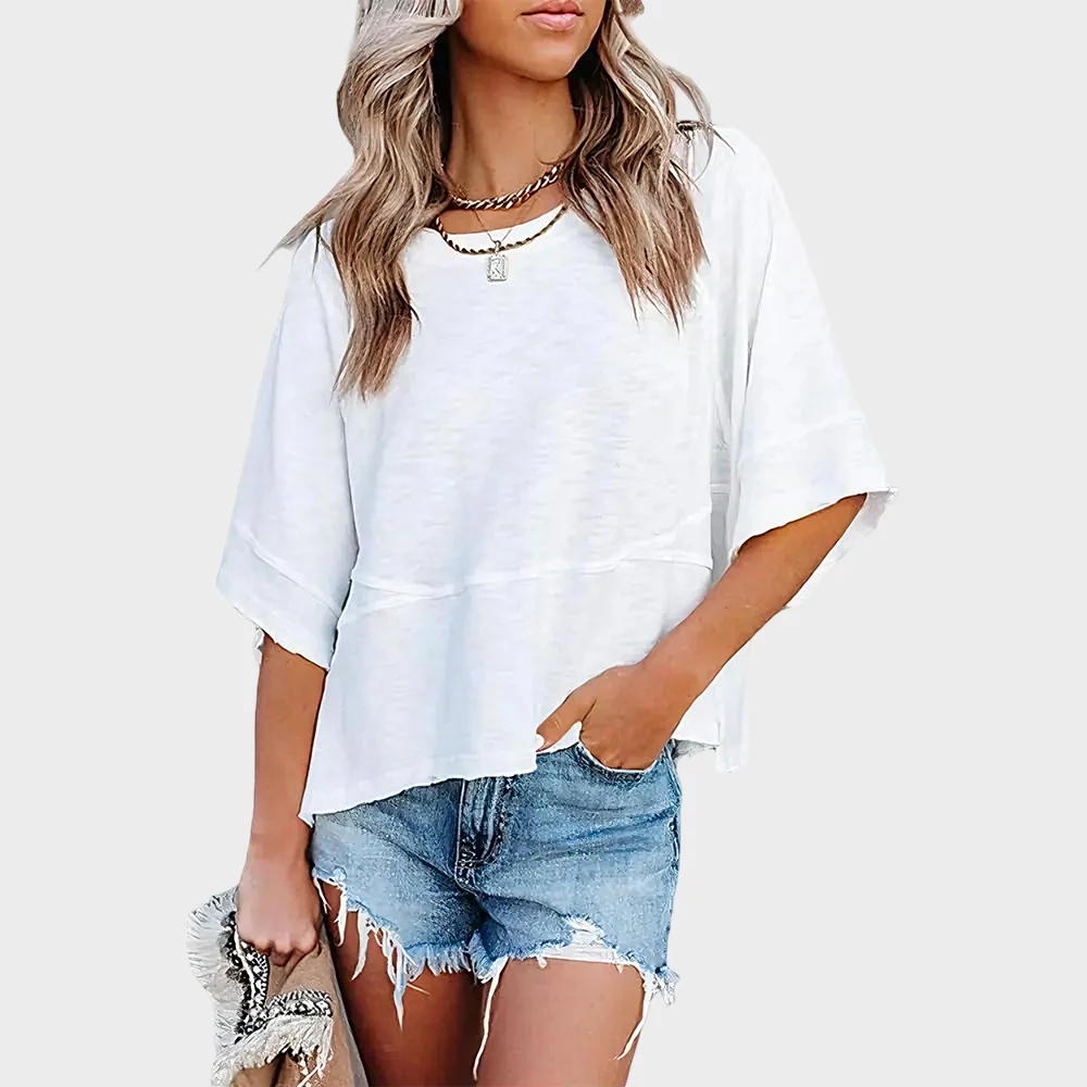 Panel Solid Color Flared Sleeve T-Shirt - Image 7