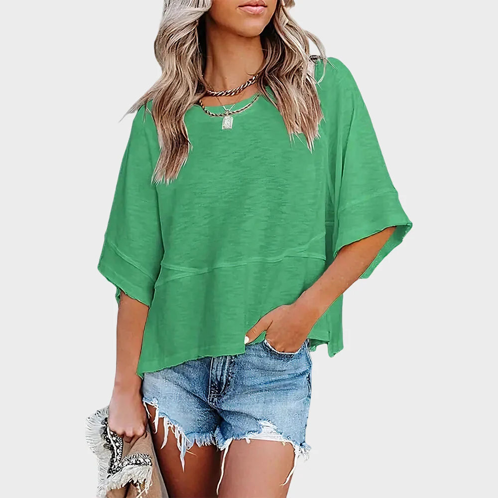Panel Solid Color Flared Sleeve T-Shirt - Image 9