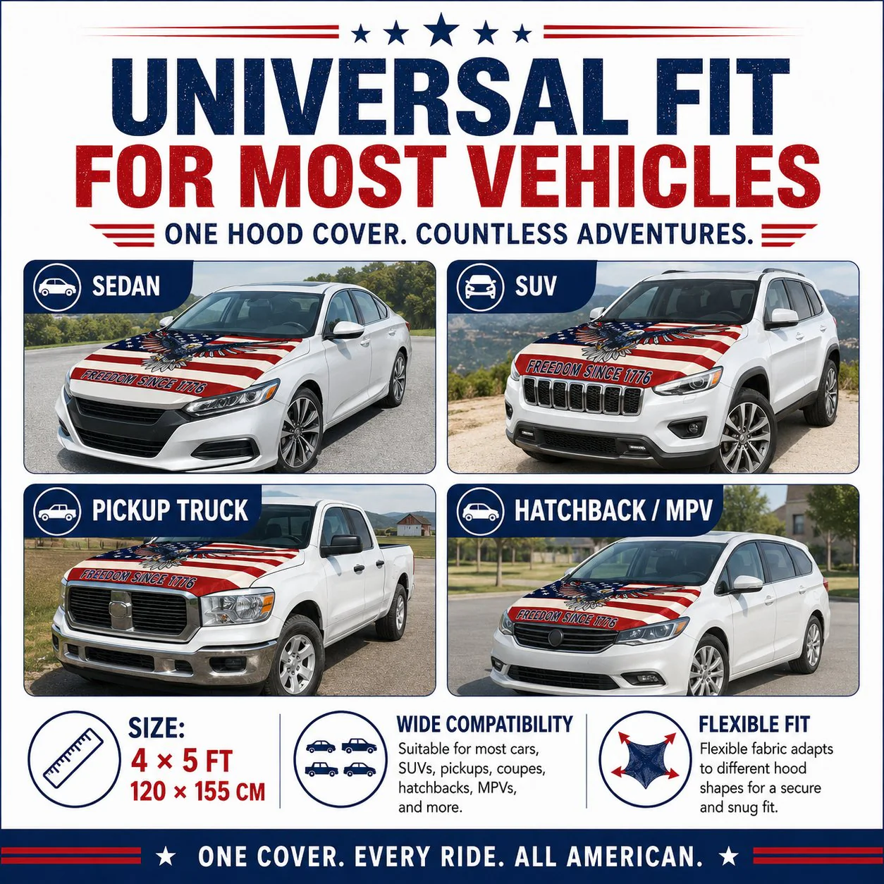 🇺🇸 Universal American Hood Flag Cover 🔥 Fits Most Cars, SUVs & Pickups🦅[Buy 2 Free Shipping] - Image 3