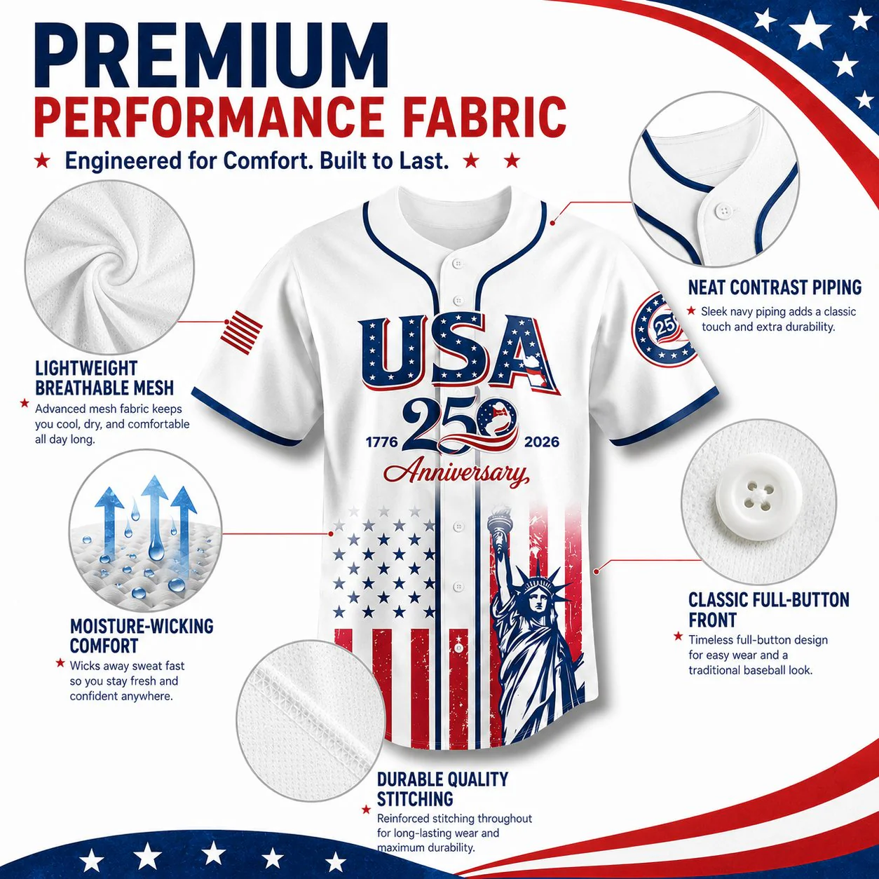 š½ USA 250th Anniversary Baseball Jersey ā Patriotic Statue of Liberty Print, 4th of July Outfit - Image 5